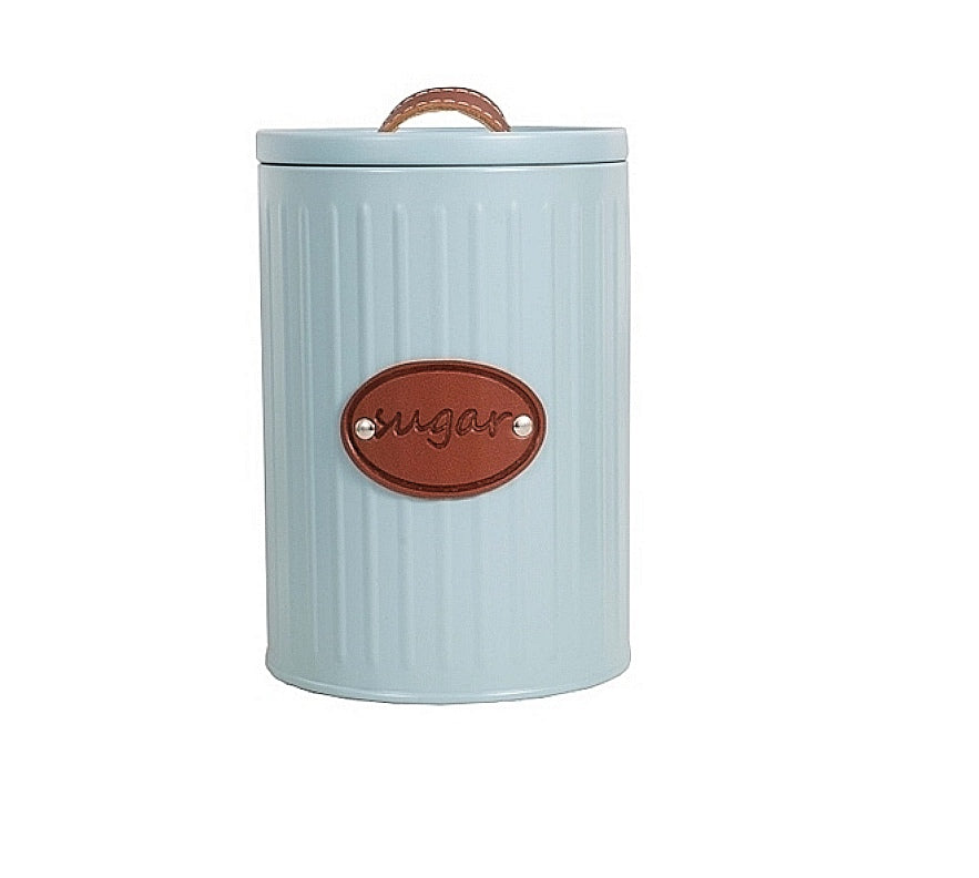 Aqua Canister Sugar Tin Blue with Leather Name and Strap