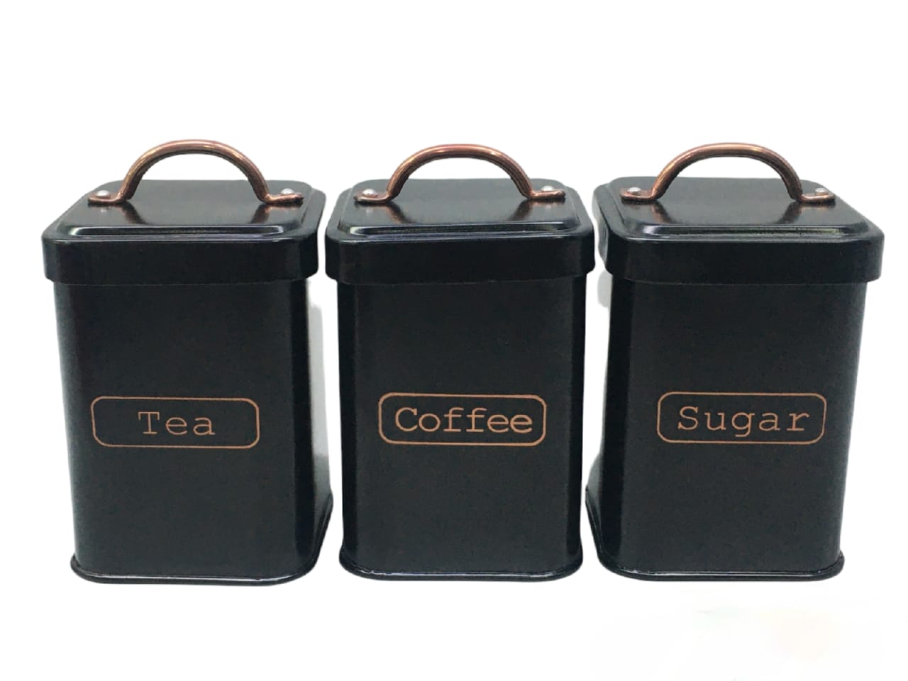 Vintage Tin Canister Square Tea Coffee Sugar Black with Bronze Handle 11x11x16.50cm