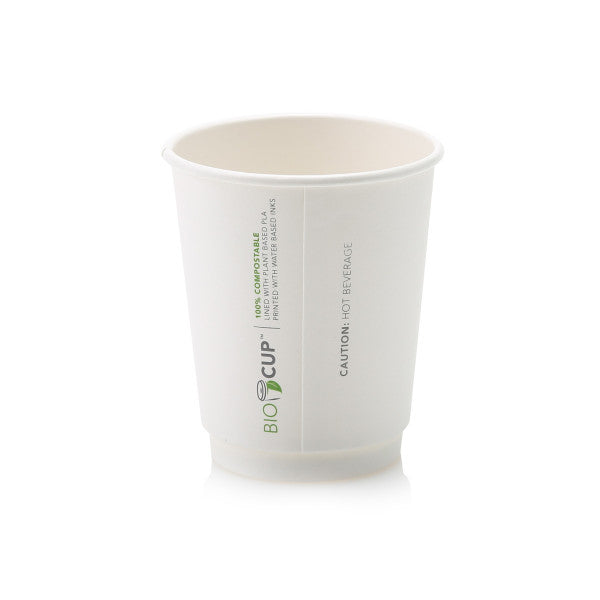 250ml Bio Composite Paper Coffee Cup Double Wall White with Black Sip Lid 10pack