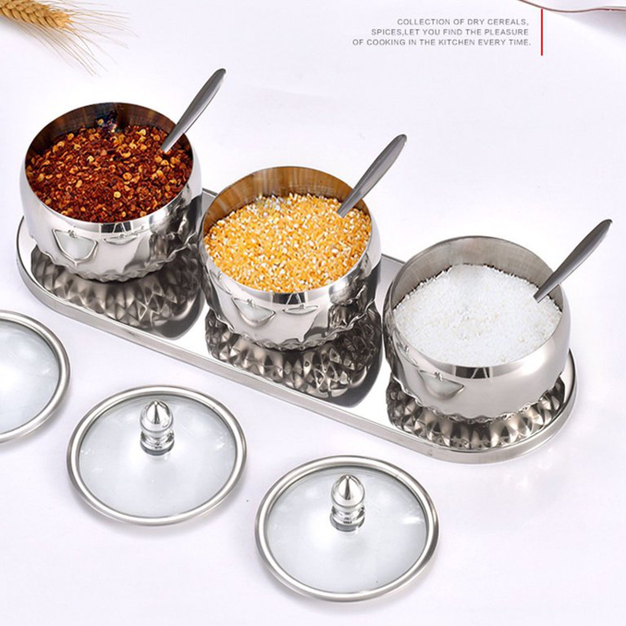 3 Piece Condiment Stainless Steel Sugar-Spice-Seasoning Bowl Set