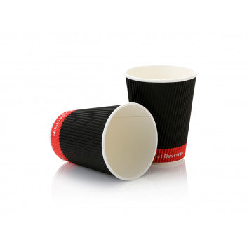 350ml Ripple Paper Coffee Cups Black-Red with White Sip Lid 10pack