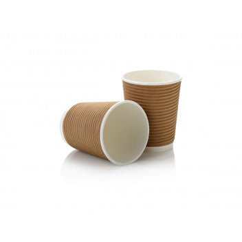 250ml Ripple Paper Coffee Cups Horizontal Kraft Brown with Black Sip Lid 10pack