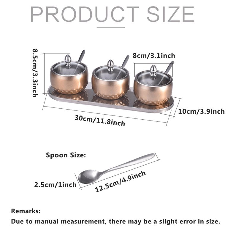 3 Piece Condiment Stainless Steel Sugar-Spice-Seasoning Bowl Set