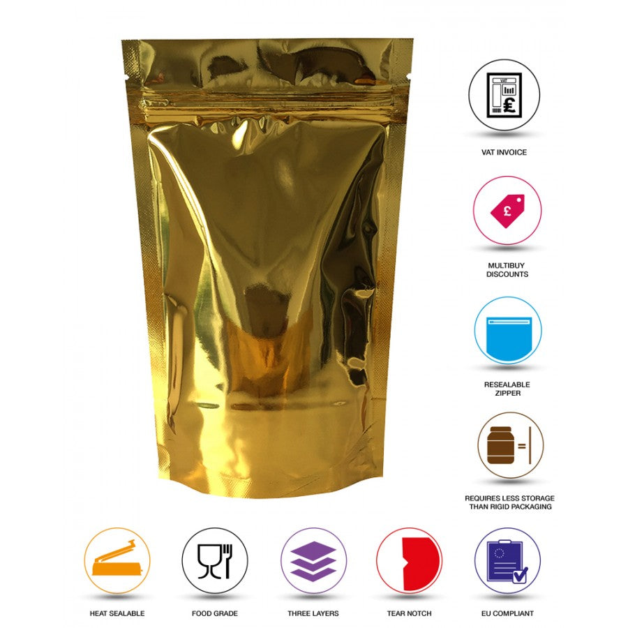 Aluminium Metalized Pouch Bags  Zip Lock Resealable Foil Stand Up Bags with Window Matte Gold 180mic 10pack