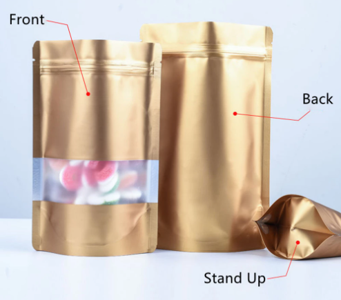 Aluminium Metalized Pouch Bags  Zip Lock Resealable Foil Stand Up Bags with Window Matte Gold 180mic 10pack