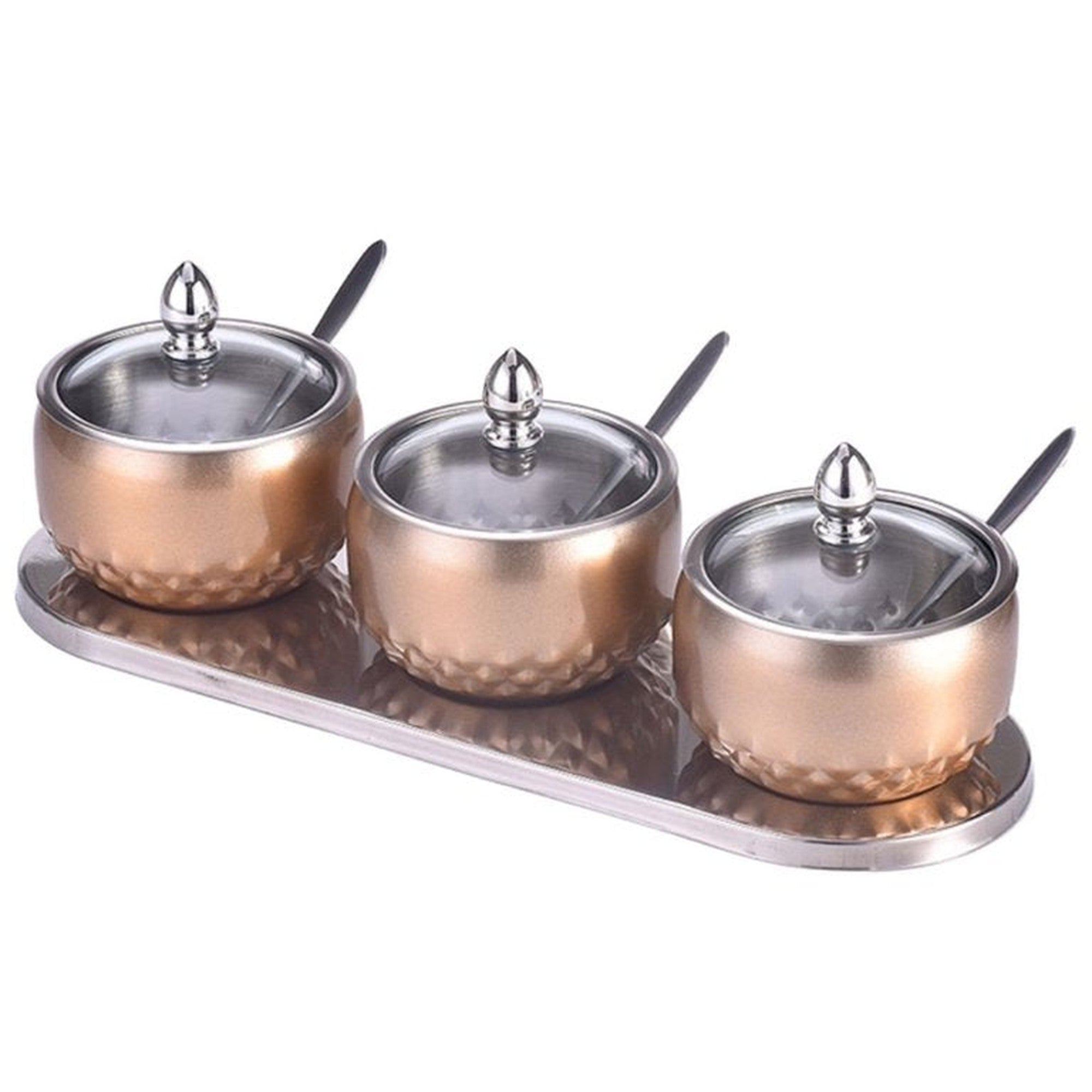 3 Piece Condiment Stainless Steel Sugar-Spice-Seasoning Bowl Set