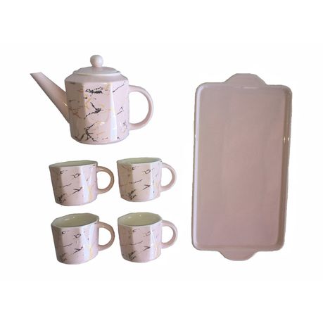 Ceramic Teapot Set and Cups Pink with Gold Marble 7pcs