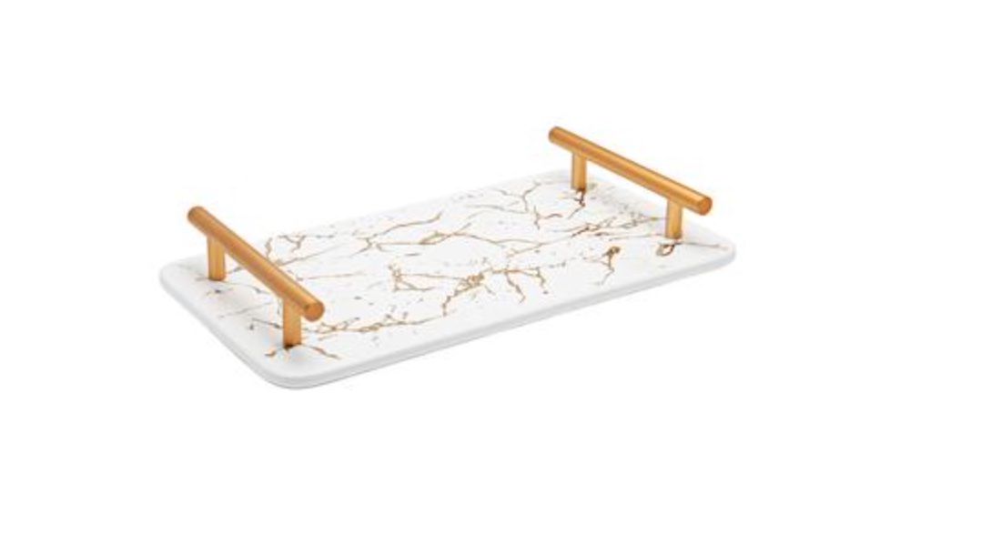 Serving Tray Ceramic White/Gold Marble with Rose Gold Handle 11493
