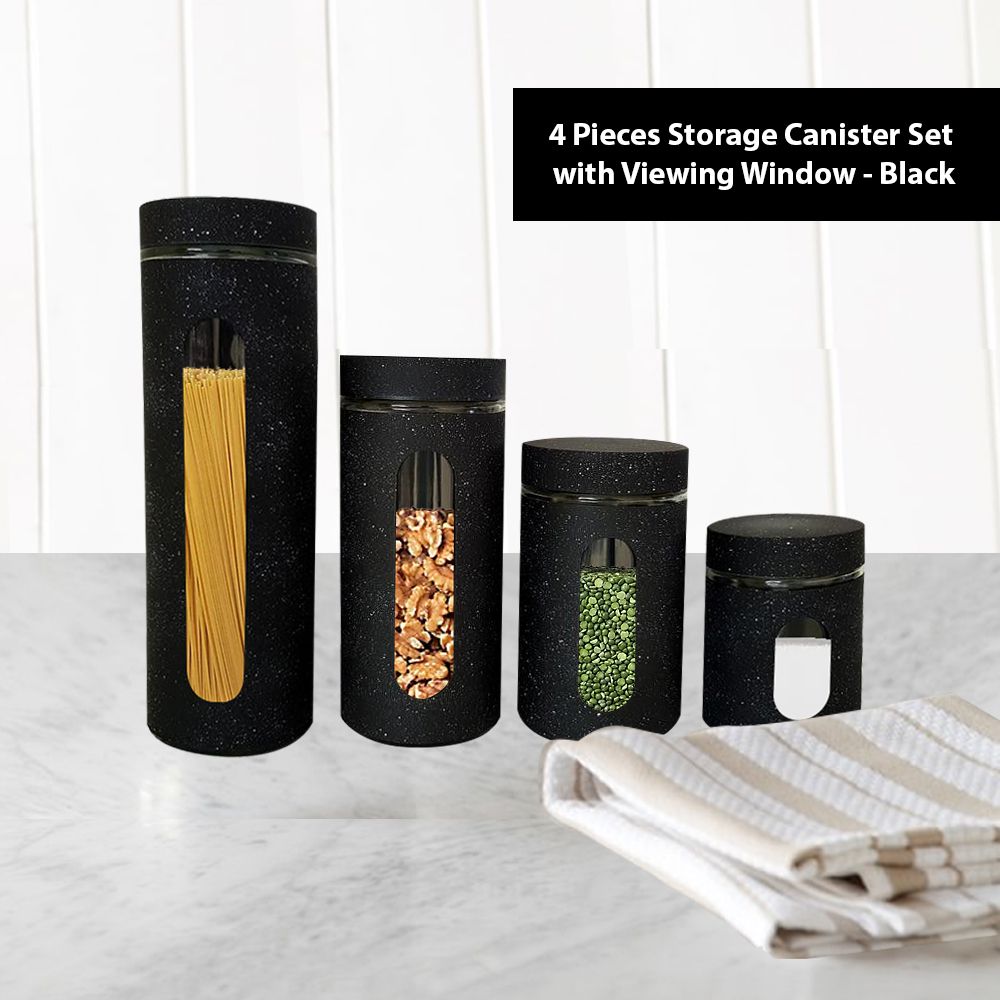 Continental Homeware Glass Jar Canister Set with Metal Black 4 Pack CH597