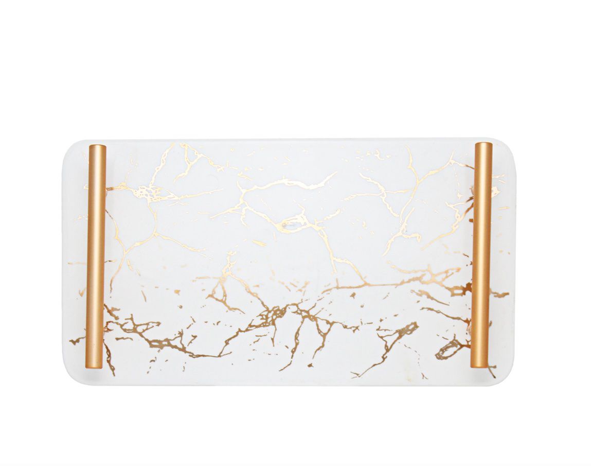 Serving Tray Ceramic White/Gold Marble with Rose Gold Handle 11493