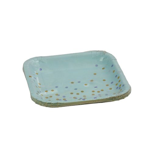 Disposable Party Paper Plate 7inch Square Blue Gold Dots 10pc