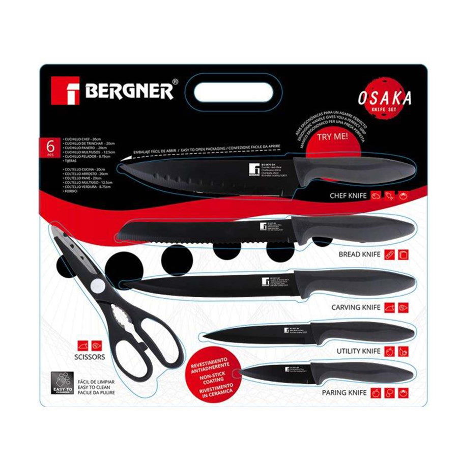 Bergner Chef 5 Knive Set and Scissor Stainless Steel Black Osaka SGN2235